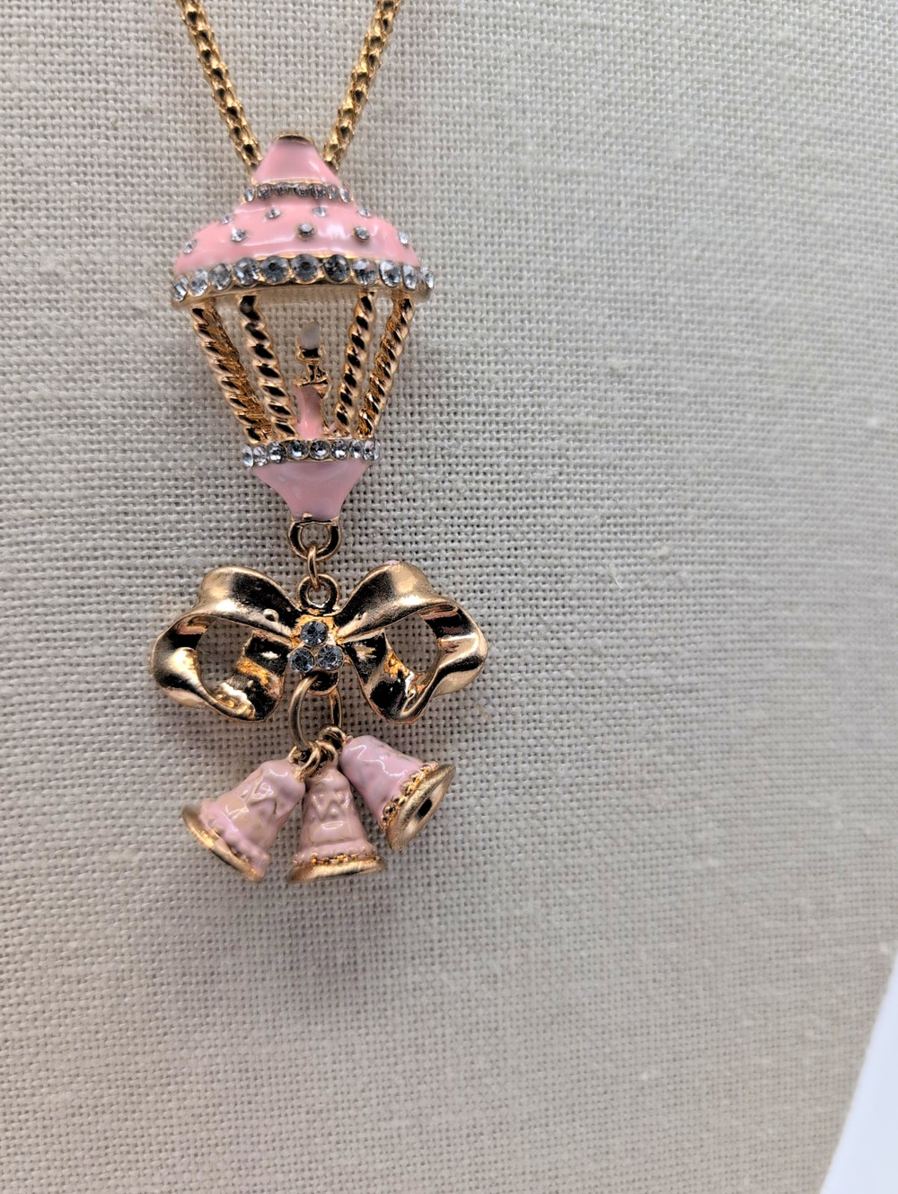Betsey Johnson candle lantern bow pink long necklace bells